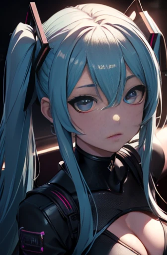 16k, RTX, HDR, extremely high details, Intricate, Professional make-up, a closeup of a, Best Quality, Masterpiece, night time, 1Woman, miku, hatsune miku, edgy, muscular, Sexy micro bikini top, glowing eyes,  Long hair, , tetas grandes, cleavage, ((Extreme...