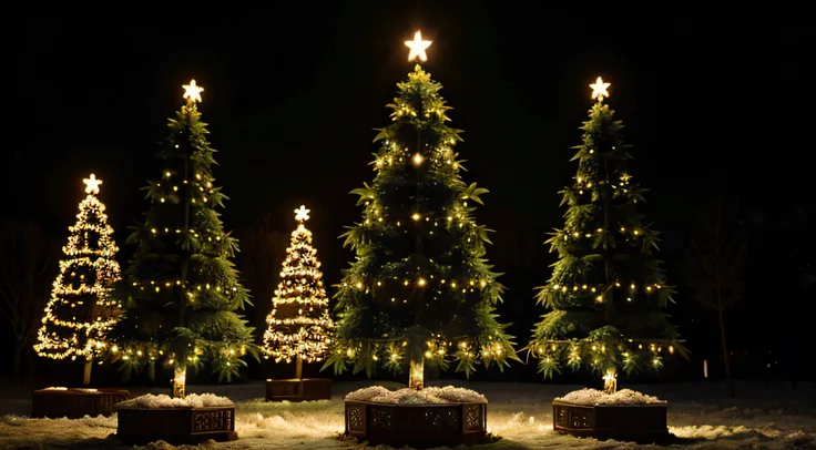 christmas landscape ornamented lighted trees made of hemp plants (detailed) (high quality)