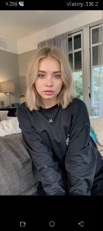 blonde woman with blue eyes and a black sweatshirt sitting on a sofa, Retrato Sophie Mudd, Retrato de Kim Petras, 👁🌹👾, Olga Buzova, imagem vazada, vestindo moletom, suave em _ O pano de fundo, 😭 🤮 💕 🎀, cabelos loiros e olhos grandes, julia gorokhova, Kaile...