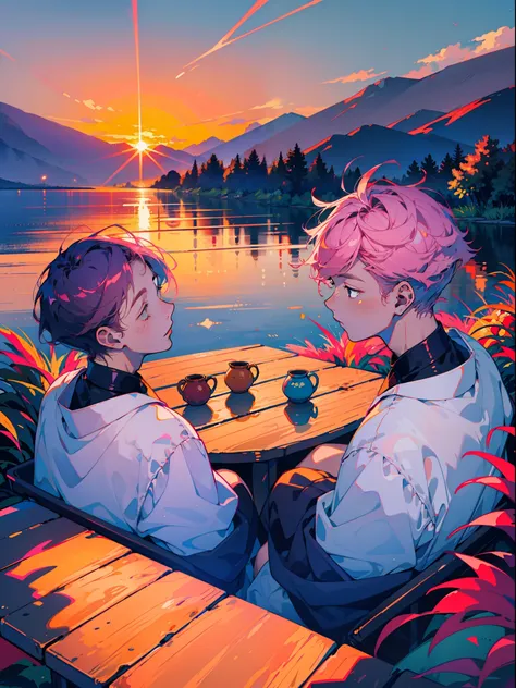 Masterpiece, best quality, high quality, ultra detailed, Two boys sitting together watching the sunrise，shoun，Two teenagers，On the left is the blond boy，Short hair，side parted hair，On the right is the pink-haired boy，voluminous and messy hair，Sunny lovely，...