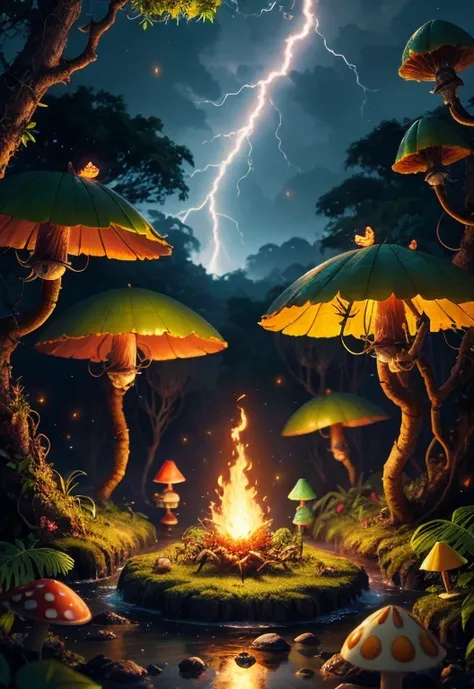 Fantasy in a glass, "ethereal roses, beautiful girls, cute slime animals, glowing little mushrooms surrounded by delicate leaves and branches, and fireflies and glowing particle effects", (natural elements), (jungle theme), (leaves), (branches), (fireflies...