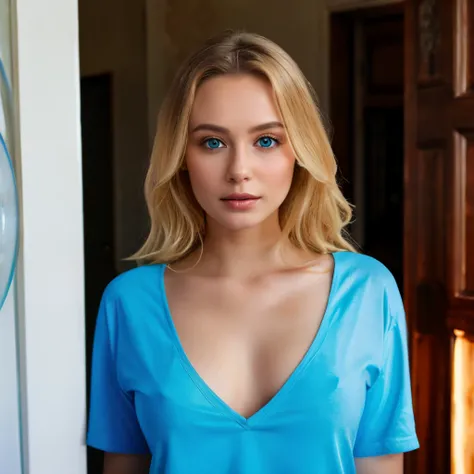 (Mikayla Demaiter) Arafed Full Woman, with Blue Eyes, Ultra Realistic, Meticulously Detailed, Portrait of Sophie Mudd, Blonde Hair and Big Eyes, Selfie of a Young Woman, Bedroom Eyes, Violet Myers, No Makeup, Natural Makeup, Looking Directly at the Camera,...