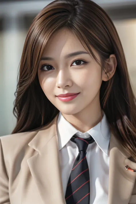 masutepiece, Best Quality, Photorealistic, Ultra-detailed, finely detail, High resolution, 8K Wallpaper, 1 beautiful woman,, light brown messy hair, in a business suit, foco nítido, Perfect dynamic composition, Beautiful detailed eyes, detailed hairs, Deta...