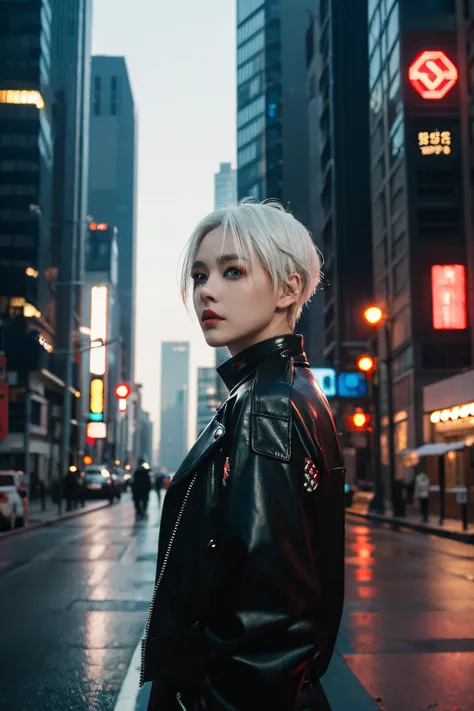 One woman, cyberpunk, short hair, red eyes, white hair, masterpiece, best quality, on a street, huge buildings, futuristic outfit, Jil Valetine, realistic, perfect face