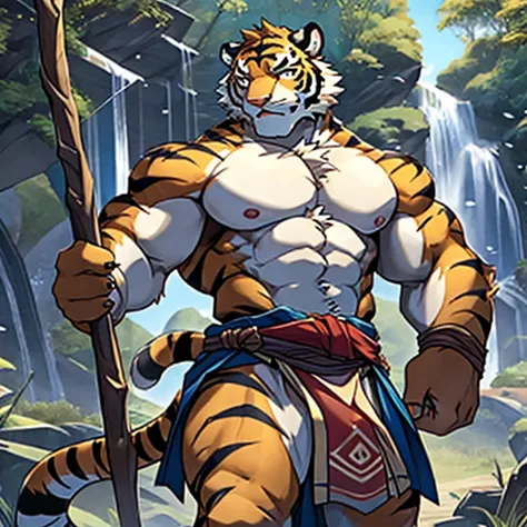 The upper part of the body，uncle tiger, warrior in loincloth，Armed with a long stick