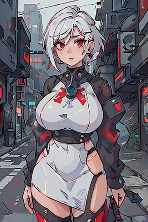 One woman, cyberpunk, short hair, red eyes, white hair, masterpiece, best quality, on a street, huge buildings, futuristic outfit, Jil Valetine, realistic, perfect face