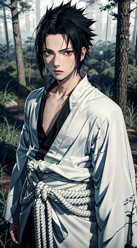 young man, pale skin, spiky black hair, black eyes, big lips, white clothes, sasuke uchiha, realistic, 3d, forest, sword