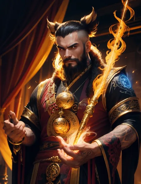 (a)Chinese Dragon Sloth Wizard,wisdom portrait,tattoo-style,(best quality,4k,8k,highres,masterpiece:1.2),mystical creature,expressive eyes,flowing beard,dragon scales,body covered with magical symbols,smoke and sparks emanating from hands,bright colors,vis...