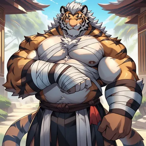 Tiger beast man with white hair, red veins and golden eyes mature uncle （tmasterpiece，Best Picture Quality）Strong fat surrounds muscles, tall, little belly, Bare upper body，abdominal bandage