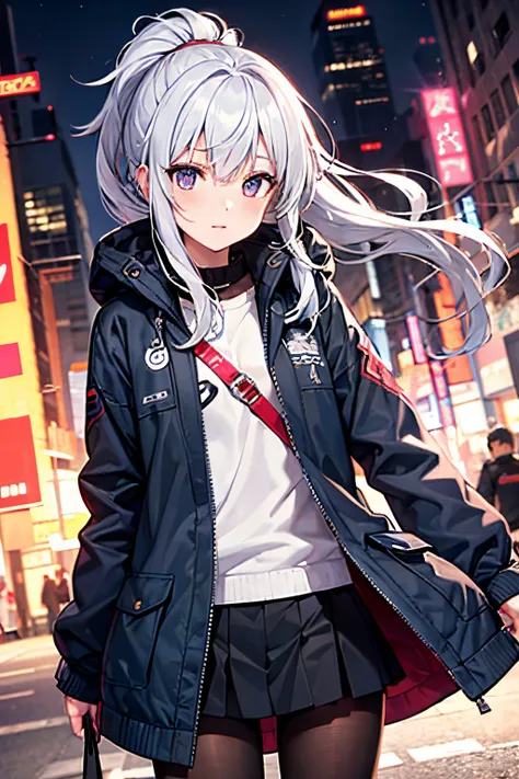 Master Parts, Better image quality, extreme vitality, Anime girl with curly ponytail, Small figure, white functional jacket, Has a small, blue-purple gradient ski goggles, Cyberpunk, white  hair, Natural casual style, dynamic stun...