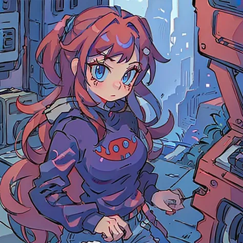 Goth gamer girl anime red hair blue eyes casual clothes