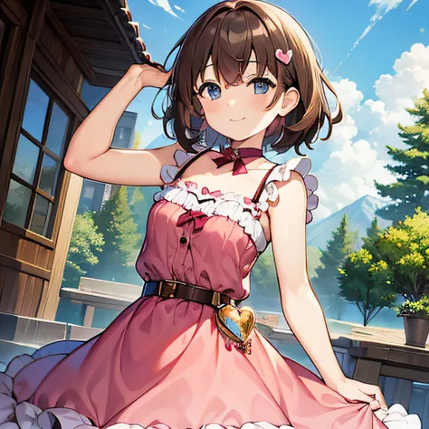 (masterpiece), best quality, expressive eyes, perfect face, girl, brown short puffy hair, smiling, looking at the camera, posing, cute, fucsia puffy dress, princess cut, heart cut, tiny straps, silver belt in the dress