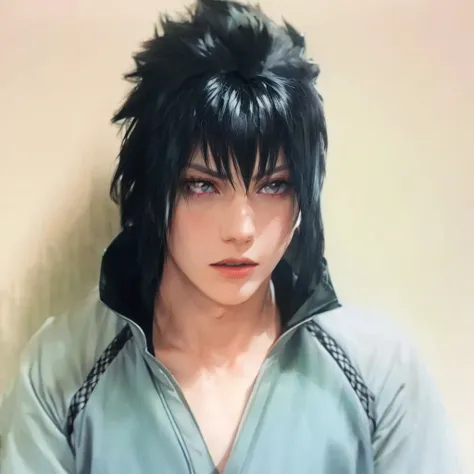 young man, pale skin, spiky black hair, black eyes, big lips, white clothes, Sasuke Uchiha, realistic, 3d, forest, sword