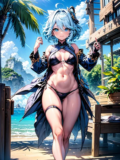 Furina de Genshin Impact), 1 girl, Standing (na praia), unhas pintadas de azul, {{{thong bikini}}}, (((pernas musculosas))), (((mostrando sua bunda grande para mim))), barriga musculosa, Standing, bare foot, (foto de corpo inteiro), (short hair), medium br...