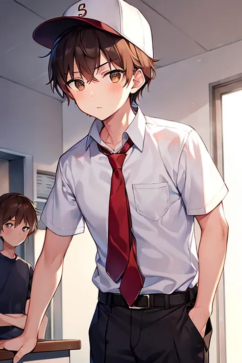 1boy, white shirt, brown eyes, brown hair, classroom, serious, forehead, scars, cap, hat, red necktie, necktie, belt, black pants, musuclar, baseball cap