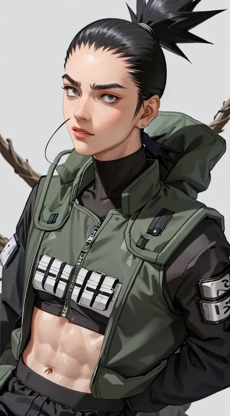 young man, black hair in high pointed ponytail, thin black eyebrows, slanted black eyes, strong jaw, light skin, dark green clothes, Shikamaru Nara, realism, 3d