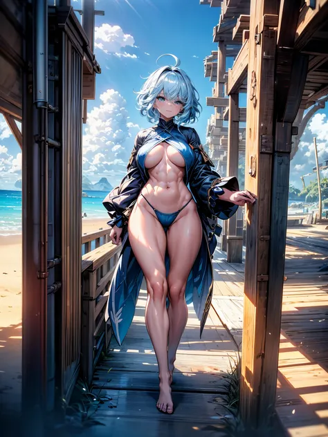 Furina from Genshin Impact), 1 girl, standing (on the beach), blue painted nails, {{{thong bikini}}}, (((muscular legs))), (((showing her big ass to me))), (showing sensuality), muscular belly, standing, bare feet, (full body photo), (short hair), medium b...