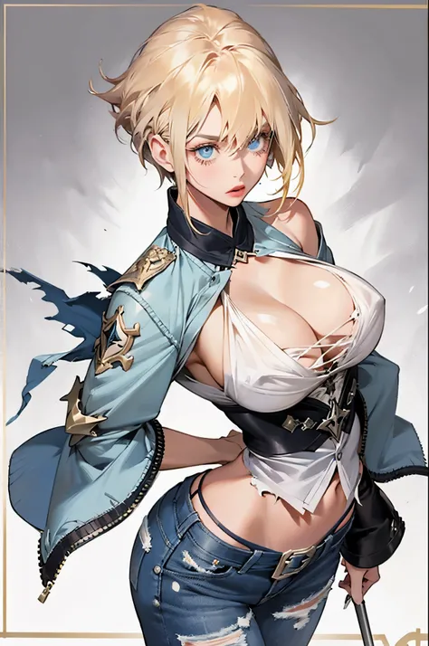 tmasterpiece, Uncensored, titmouse, Beautiful curves, dead, Torn clothes, 1个Giant Breast Girl, Android18, , Torn shirt, Torn trouser leg, Blonde hair, a skirt, jaket, Torn sleeves, Clothing cutting, Score:safe, Alone, Denim, Chopping, Denim skirt, obi stri...