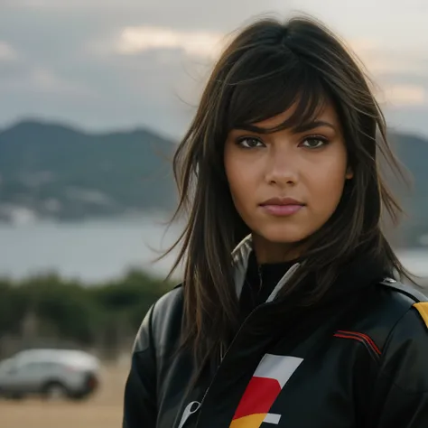 a  girl, chaqueta amarilla, manos en los bolsillos, mirando fijamente a otra persona, cabello largo y negro, heterochromic eyes,...