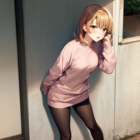 Isshiki Roha, shorth hair, brown haired, wetting hair，Brown-eyed, Large sweaters, shortpants，Sweater large enough to hide pants，Ha ni ni, Solo，Black tights，outside of house，Cold sky