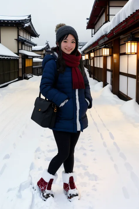 chica en japon, ciudad con nieve