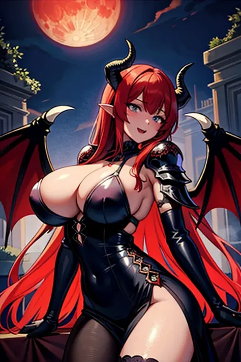 (masterpiece, best quality, detailed background, intricate details), dark castle, 1girl, demon, red hair, blue eyes, slit pupils, curled horns, wings, fangs, black armor, bones, night, red moon