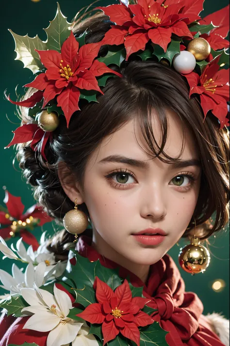 beautiful girl with a wreath of flowers on her head, christmas night, christmas ornaments, brown eye tree, a green hair, (beauti...