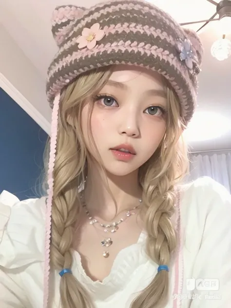 Chica rubia con ojos azules con un sombrero rosa y un lazo rosa., Retrato realista kawaii, ulzzang, Hermosa Delphine, Cabello largo y rubio y ojos grandes, Lalisa Manobal, cabello rubio y ojos grandes, Linda chica kawaii, muy hermosa linda catgirl, Linda c...