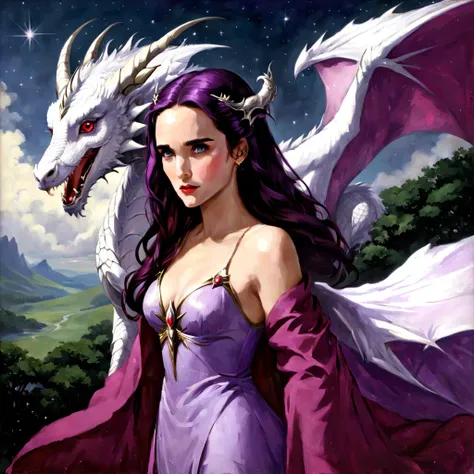 Queen of the White Dragon, mulher madura jovem, "Jennifer Connelly", Orelhas longas de elfos, elegant lilac Ruby dress, mama grande, Curvy, dragon ling vawy hair, Cabelos Super Longos, soft facial features, White dragon horns on his head, Mulher majestosa,...