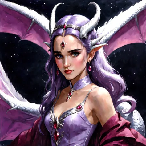 Queen of the White Dragon, mulher madura jovem, "Jennifer Connelly", Orelhas longas de elfos, elegant lilac Ruby dress, mama grande, Curvy, dragon ling vawy hair, Cabelos Super Longos, soft facial features, White dragon horns on his head, Mulher majestosa,...