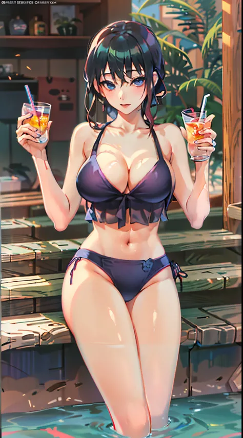 araffe woman in a black bikini drinking a drink, a picture by Kentaro Miura, tumblr, shin hanga, young skinny gravure idol, young pretty gravure idol,  wearing a swimsuit, realistic young gravure idol, yasumoto oka, japanese model, young  gravure idol, wea...