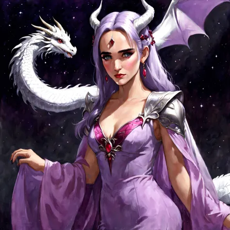 Queen of the White Dragon, mulher madura jovem, "Jennifer Connelly", Orelhas longas de elfos, elegant lilac Ruby dress, mama grande, Curvy, dragon ling vawy hair, Cabelos Super Longos, soft facial features, White dragon horns on his head, Mulher majestosa,...