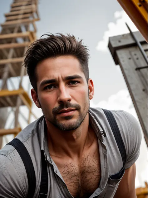 masterpiece, best quality, high resolution, closeup portrait, male focus, solo focus, A man, 40 years old, with construction worker uniform, unbuttoned work clothes, construction worker, silver grey hair, messy hairstyle, cute and seductive face, bare ches...