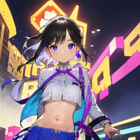 cute little cartoon ,(((small tiny body,petite))),(((6 years old))),((extremely cute and beautiful liquid paint hair haired anime girl walking down the street)), (((flat chest))),saggy breasts,short hair,(((liquid paint hair:1.1,neon purple hair|neon pink ...