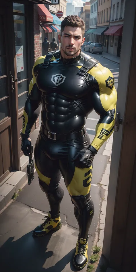 perspective looking up from below，The tall muscular policeman opened his mouth and shouted.，Height 1.9m，Dark yellow camouflage uniform，Looking up at the huge bulge in the crotch，Highlight the majesty，character  design（Resident Evil - Chris Redfield，Chris R...