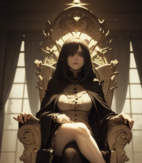 (best quality,4k,highres,masterpiece:1.2),ultra-detailed,realistic,photorealistic:1.37,nighttime,gloomy, eerie, horror, portraits, dark,mysterious, female figure, majestic, sitting on throne,evil skeletons lurking, fluorescent color palette, dark environme...