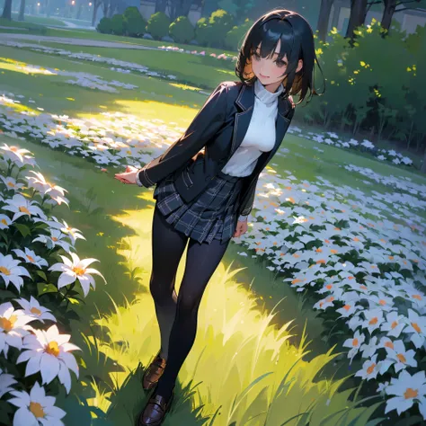 (High quality, High resolution, Ultra-detailed, Realistic:1.37), peaceful ambiance, (plein air, garden), Teenage girl standing alone, (My breasts are big.), Beautiful detailed features, Cute smile, (Black bob hair), Ribbed sweater, blue plaid skirt, Black ...