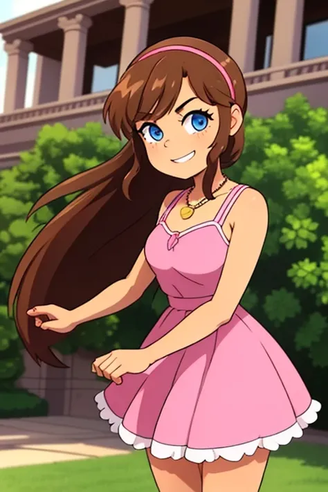 brown hair, medium hair, ponytail, pink Hairband, blue eyes, bare arms, pink dress, little pink dress, golden necklace, smile, cowboy shot, standing, garden, outside the mansion, columns, beautiful, best quality, close up.