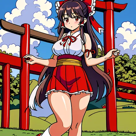 An exquisitely detailed CG artwork depicting Hakurei Reimu, a solitary shrine maiden, in the highest quality. Featuring a delicate white ribbon and socks, large breasts, and wide hips, this masterpiece illustration showcases the beauty of solo female chara...