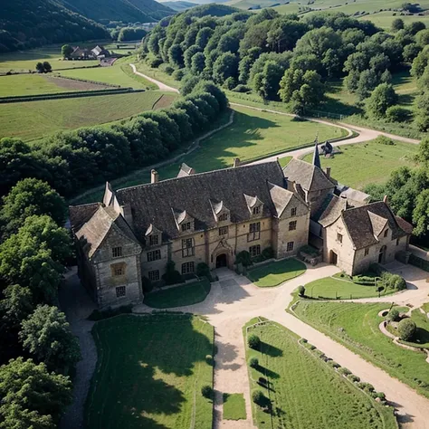 A castle with a village with villagers teaching horse riding