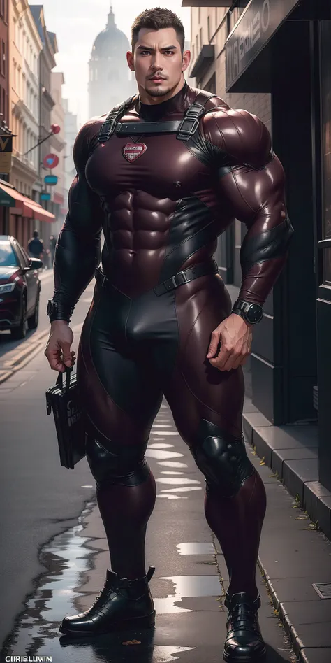 The 2-meter-tall muscular man opened his mouth and screamed，senior police officer，character  design（Resident Evil - Chris Redfield，Chris Redfield）Wearing a shiny burgundy wetsuit，High leather texture，Regular symmetrical texture pattern，Stand on a sunny str...