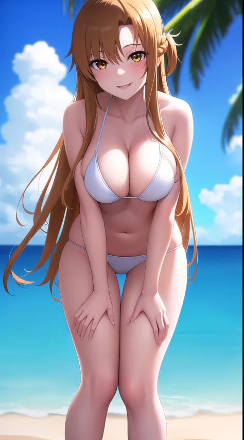 (best quality:1.5, highres, UHD, 4K, detailed lighting, shaders), asuna yuuki, brown long hair, large breasts, crotch, thighs, sexy, erotic, lewd, seductive, ecchi, , , white bikini, standing, pov, smiling, close shot, beach background