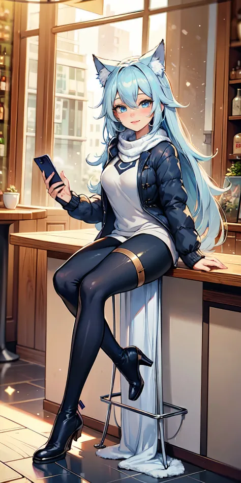 Masterpiece, 8k, art style by sciamano240, very detailed face, detailed clothes, detailed fabric, 1girl, beautiful face, asymmetrical long hair, light blue hair, wearing cute winter clothes, lulululemon style leggings, Dior thigh boots ,very detailed blue ...