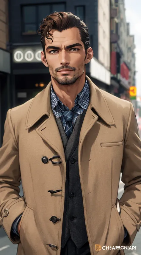 sharp man in jacket and tie standing on a city street, he  wearing an overcoat, trenchcoat marrom claro, casaco de trincheira e terno, pelagem marrom clara, Estilo de Greg Rutkowski, homem atraente, apelo masculino alta moda, trenchcoat, David Gandy, Macho...