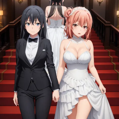 2girls , Yukinoshita Yukino, Yuigahama Yui, Yukino in tuxedo, Yukinoshita holds her wife Yuigahama Yui in wedding Dress, NSFW