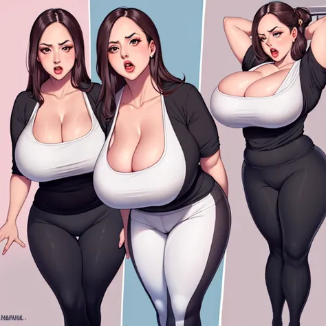 disgusted look, annoyed, busty, big breasts, massive breasts, looking at viewer, thick, cleavage, thick lips, wide hips, thin waist, mature mom, yoga pants, open mouth