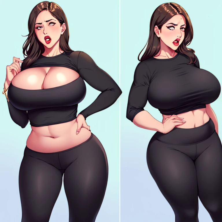 disgusted look, annoyed, busty, big breasts, massive breasts, looking at viewer, thick, cleavage, thick lips, wide hips, thin waist, mature mom, yoga pants, open mouth