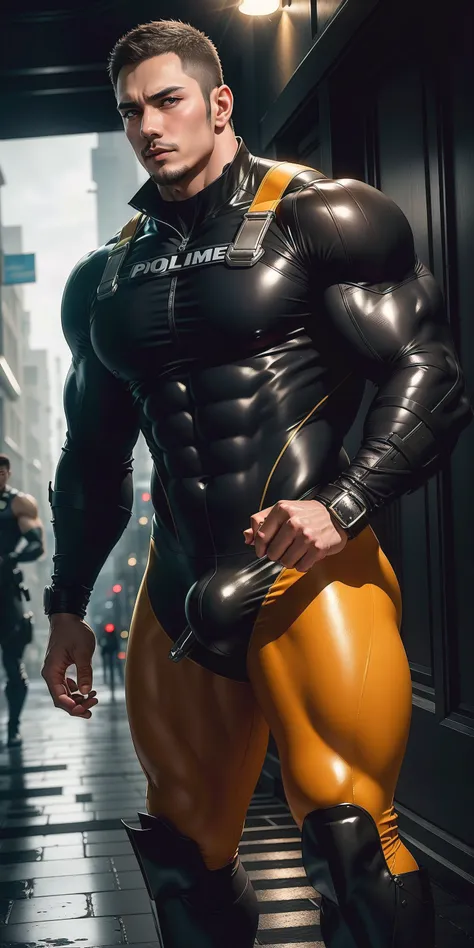 The 2-meter-tall muscular man opened his mouth and screamed，senior police officer，character  design（Resident Evil - Chris Redfield，Chris Redfield）Wearing a shiny dark yellow wetsuit，High leather texture，Regular symmetrical texture pattern，Stand on a sunny ...