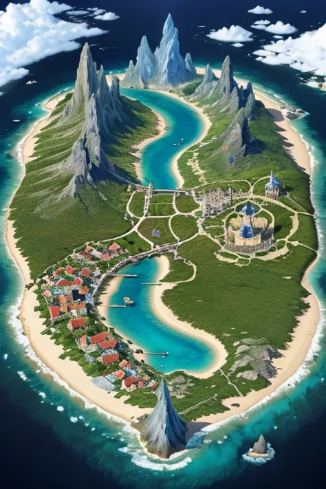 island surrounded by seas and beaches, medieval kingdom, ancient fantasy, highly detailed map, Height Map, monument made of stones and runes centered, with many houses, fauna and flora, bridges, stairs. Camera isometric view, A world of ice around sual, we...