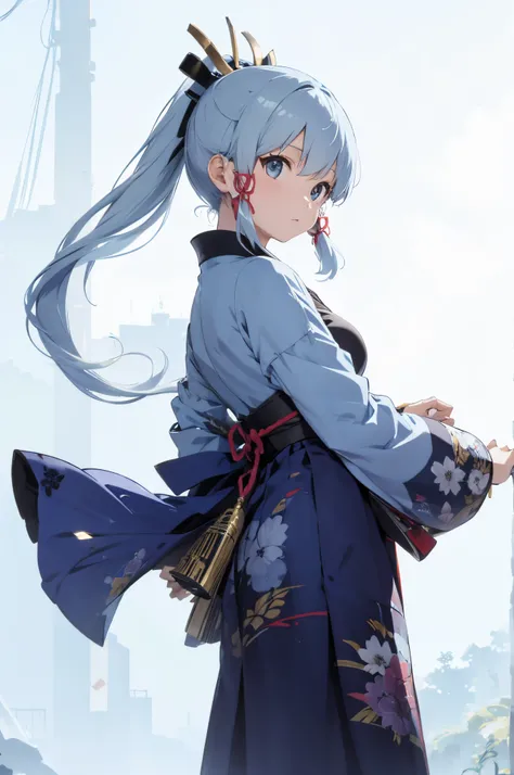 Looking back、Light Blue Ponytail、Kimono、Hakama、tits out、